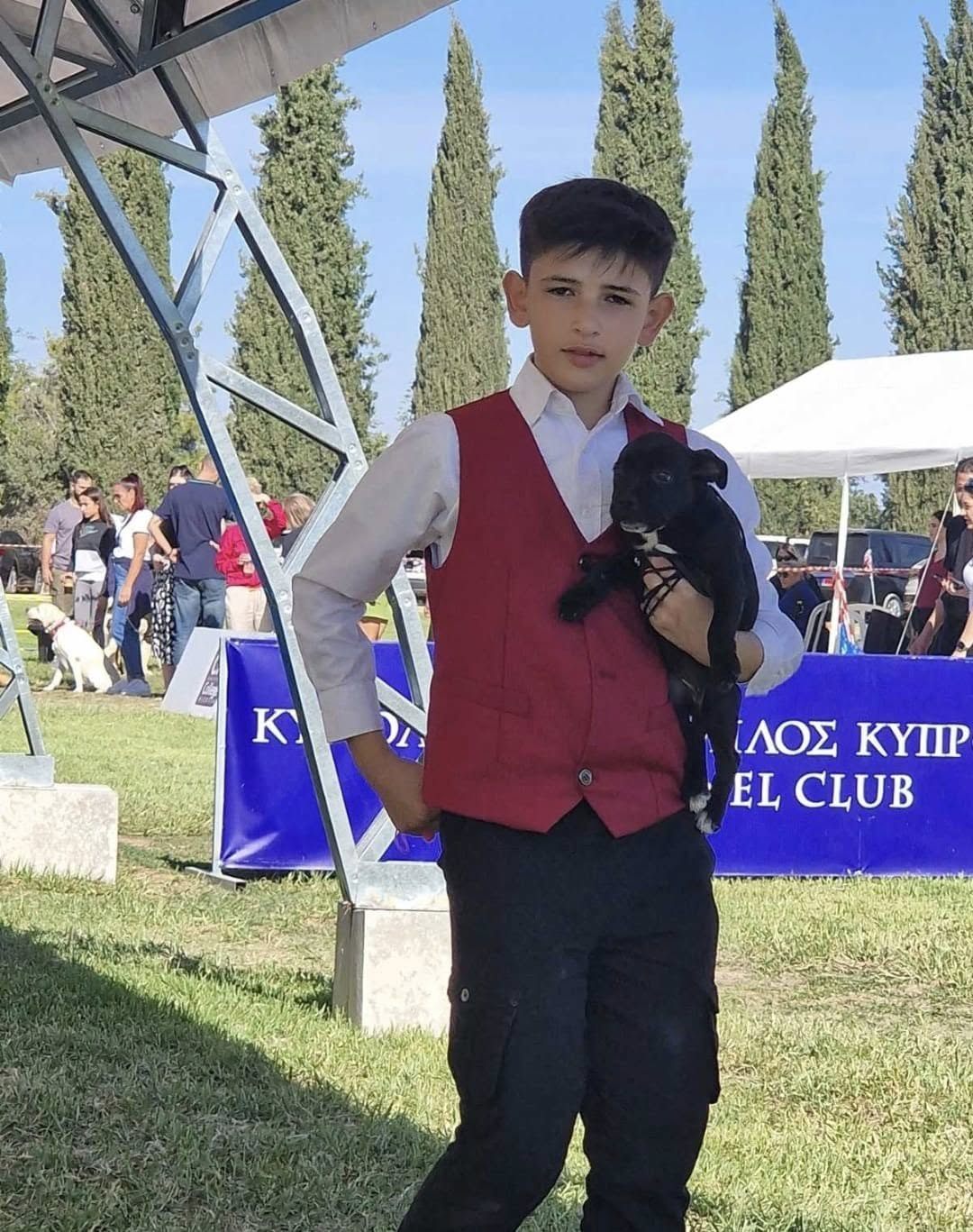 Young handler holding an AFG puppy at the show