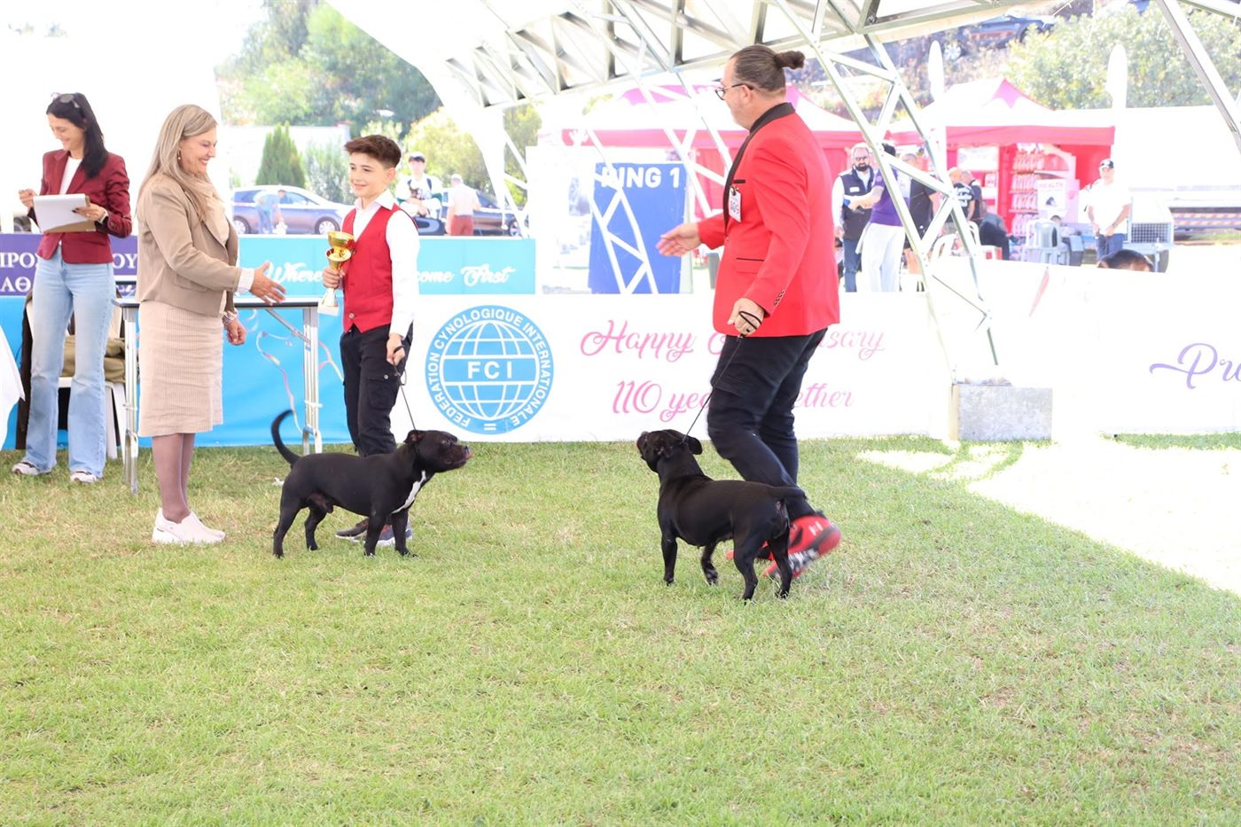 Judge awarding a trophy in the Staffordshire Bull Terrier ring